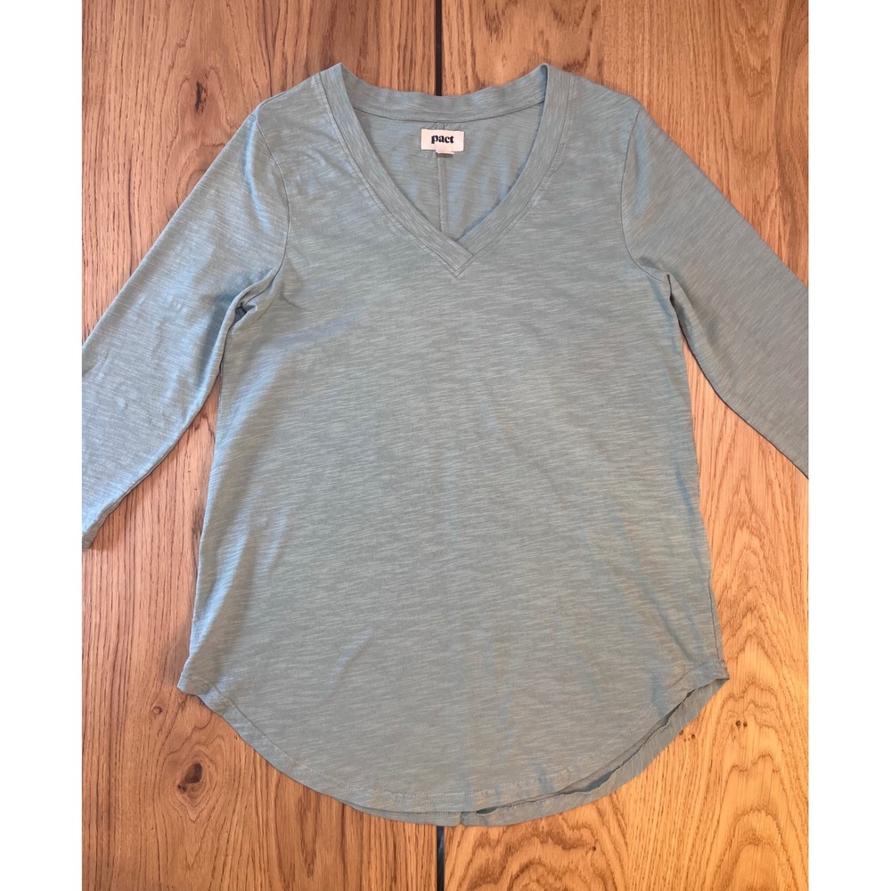 Pact V-Neck‎ 3/4 Sleeve Top Women Small Sage Green Organic Cotton Slub Casual